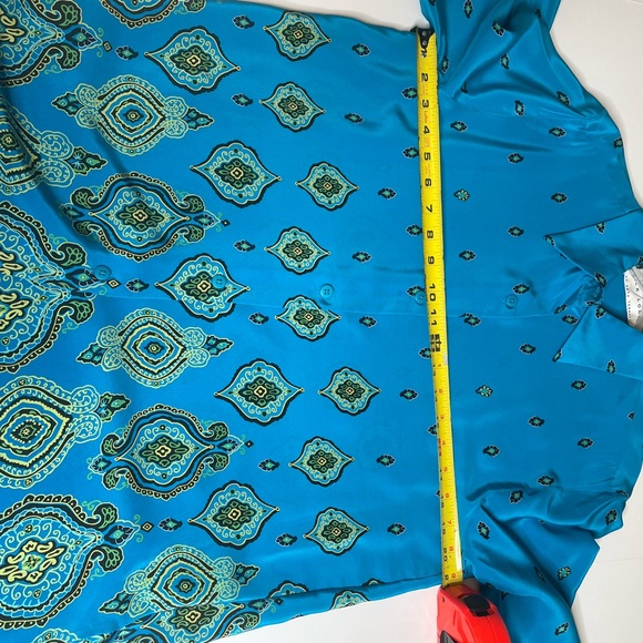 Vintage Silk Blouse By Beth Terrell Blue Geo Print Top Size M Sustainable Office - Picture 4 of 12
